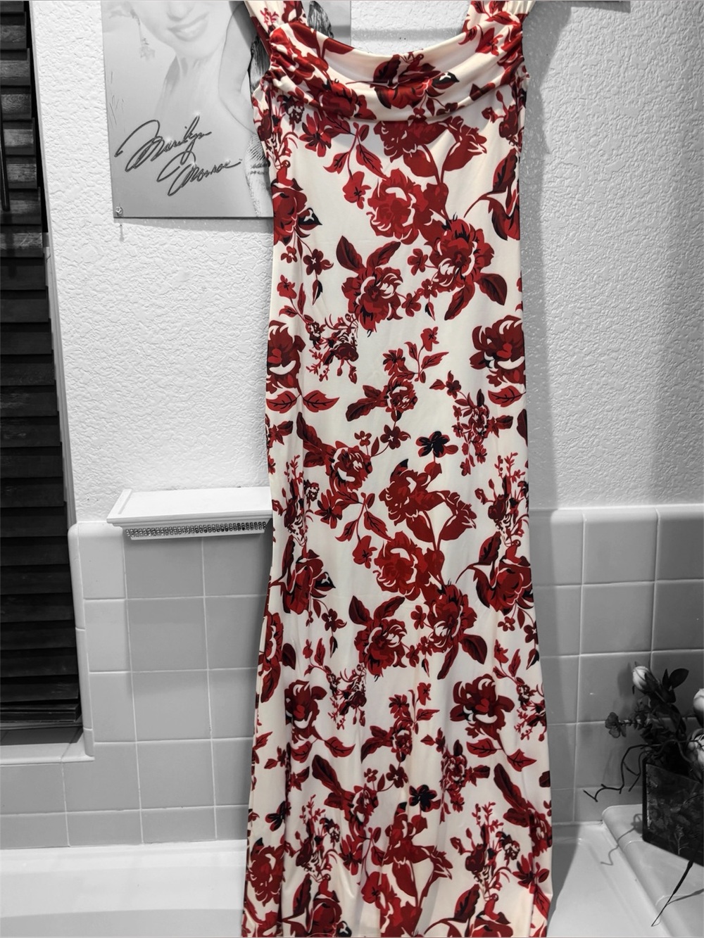 Strapless White Maxi Dress with Red Floral Print